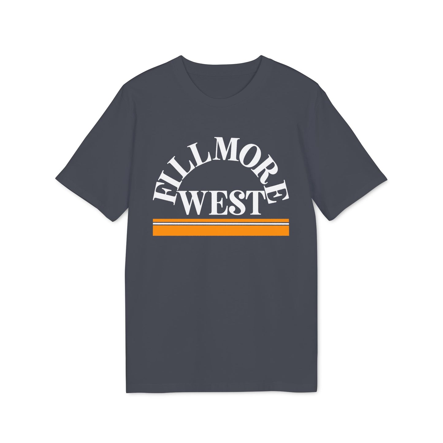Dark gray t-shirt with white "FILLMORE WEST" text and orange stripes.
