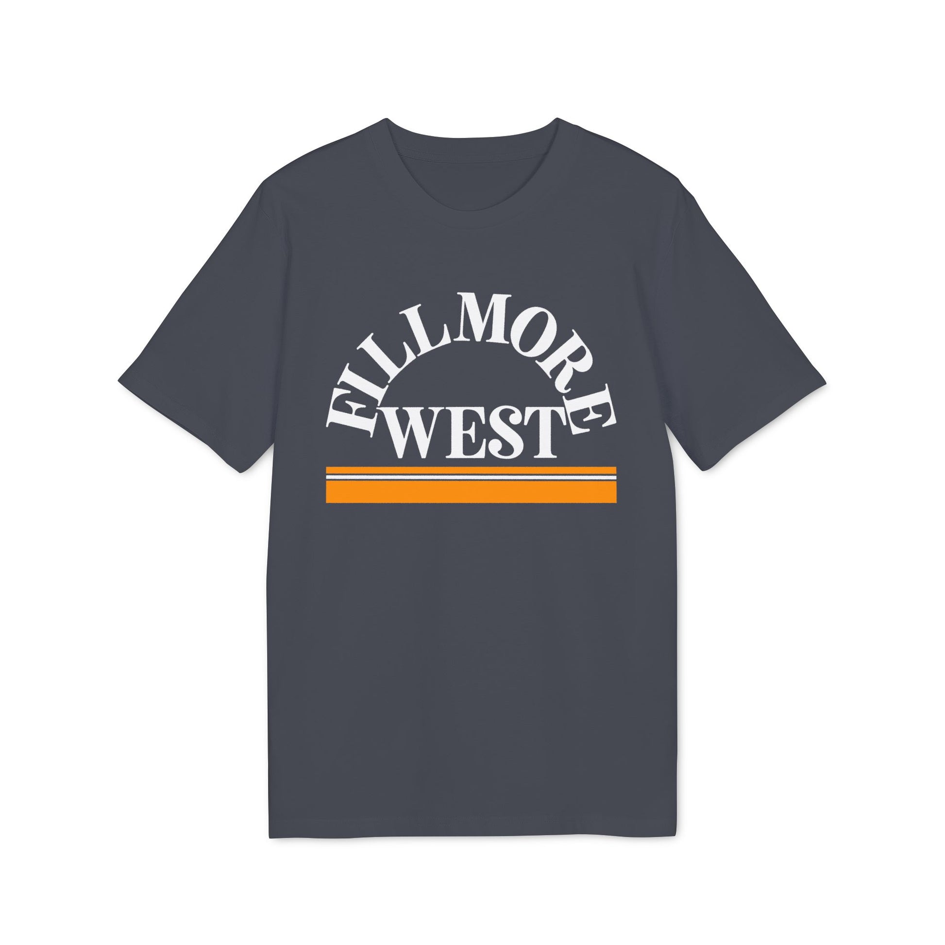 Dark gray t-shirt with white "FILLMORE WEST" text and orange stripes.