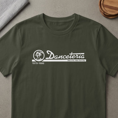 Dark green t-shirt with white Danceteria 1979-1986 30w 21st New York City graphic.