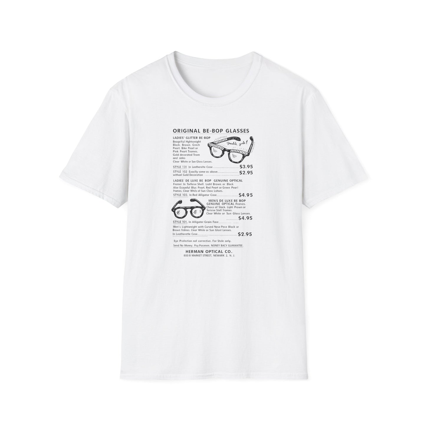 White t-shirt featuring a printed advertisement for "Original Be-Bop Glasses" with styles and prices.