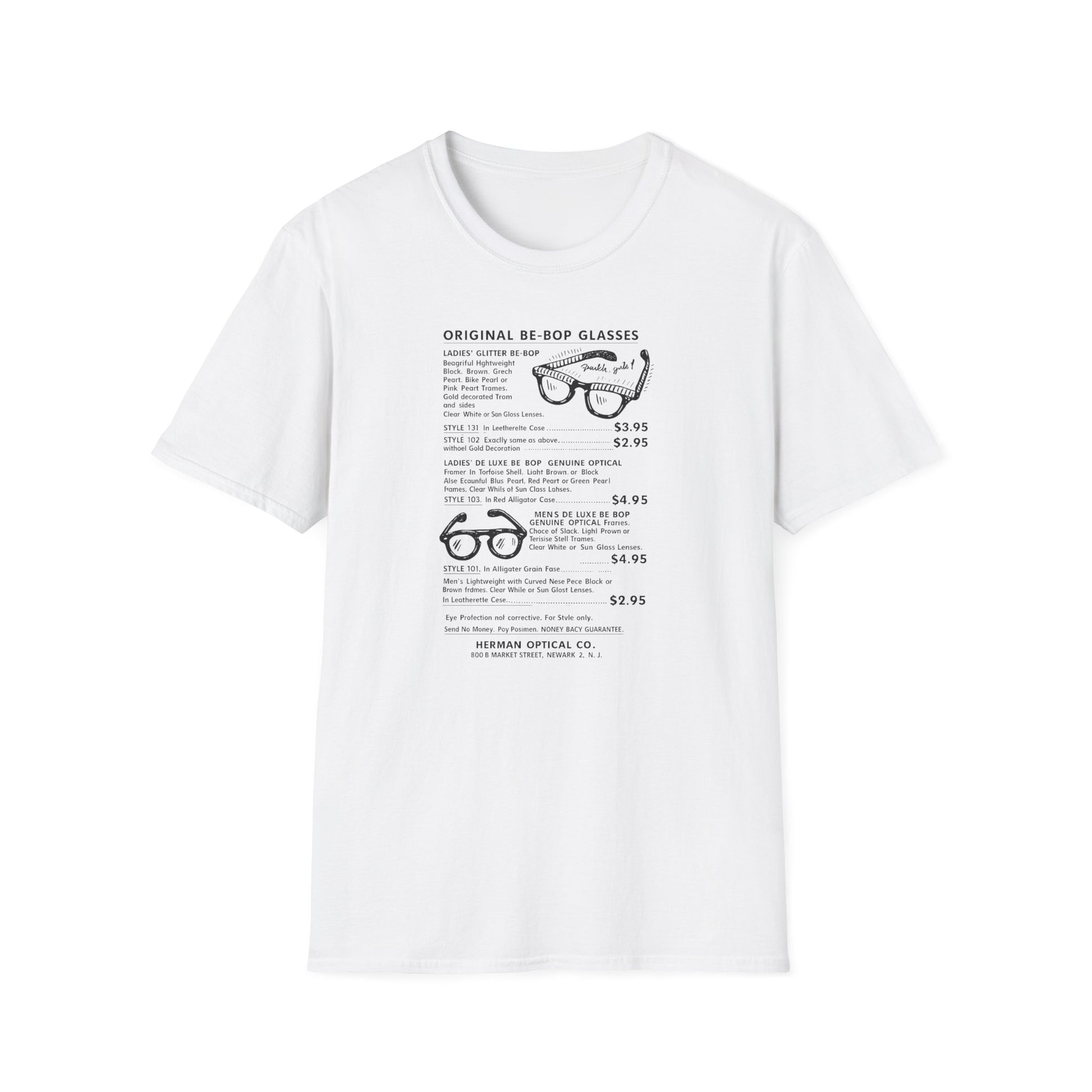 White t-shirt featuring a printed advertisement for "Original Be-Bop Glasses" with styles and prices.