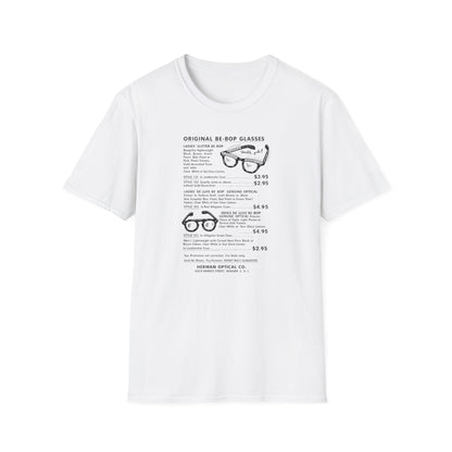 White t-shirt featuring a printed advertisement for "Original Be-Bop Glasses" with styles and prices.