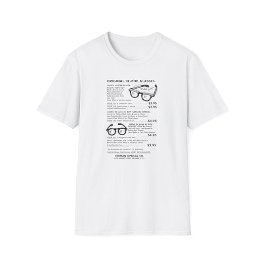 White t-shirt featuring a printed advertisement for "Original Be-Bop Glasses" with styles and prices.