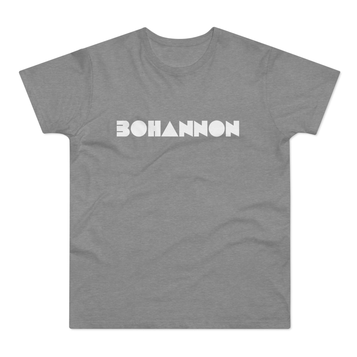 Grey t-shirt with white "BOHANNON" text in geometric font.