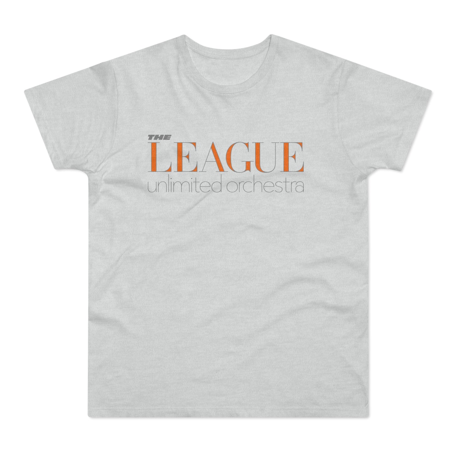 Gray t-shirt with orange text that reads "THE LEAGUE unlimited orchestra".