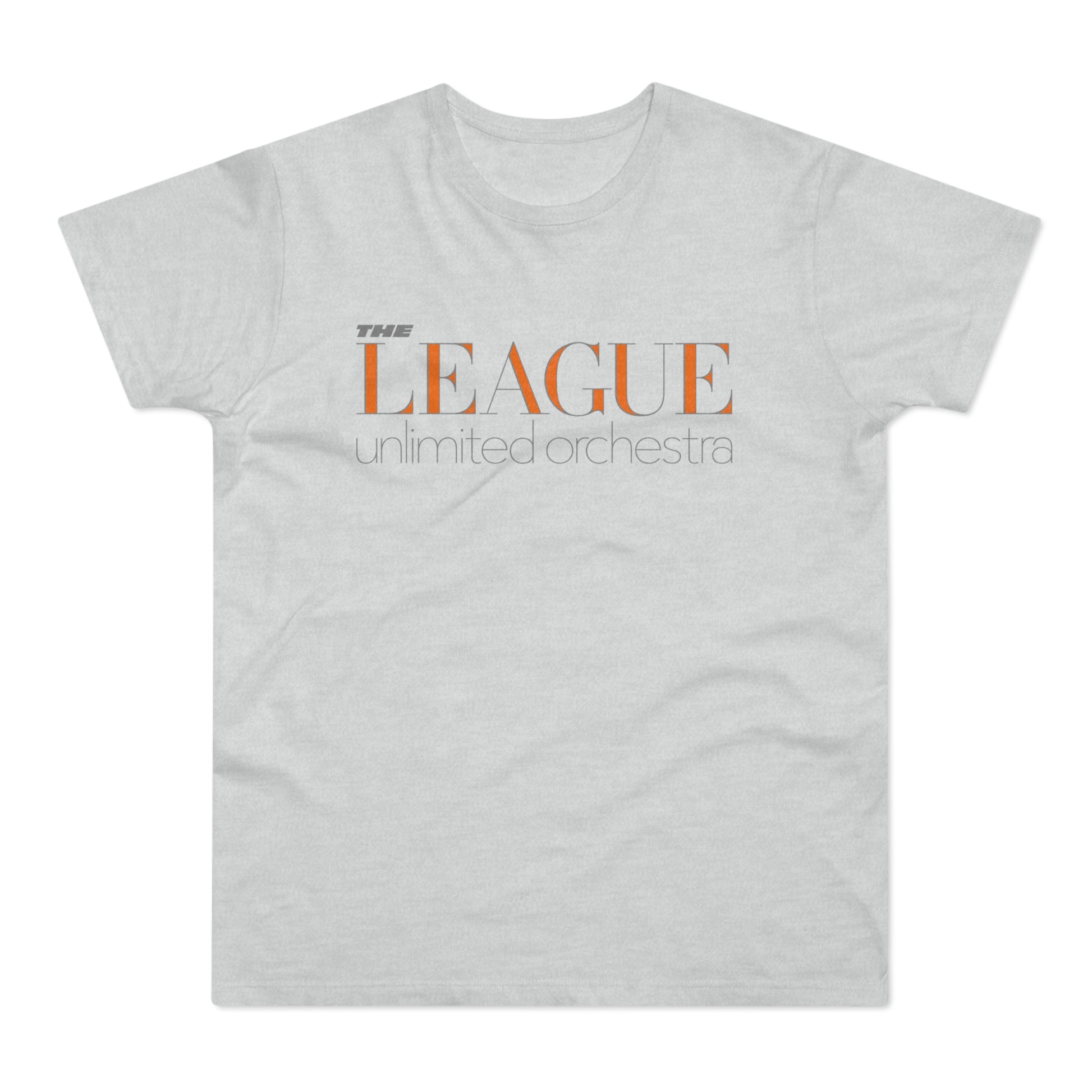 Gray t-shirt with orange text that reads "THE LEAGUE unlimited orchestra".