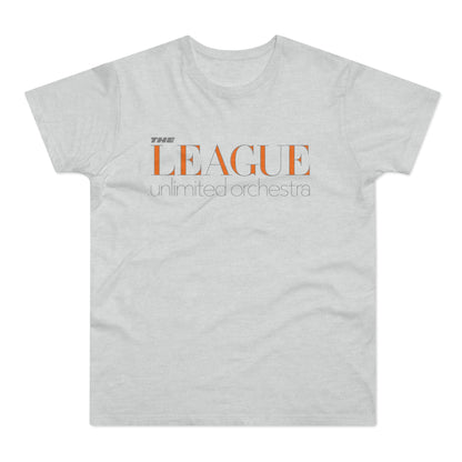 Gray t-shirt with orange text that reads "THE LEAGUE unlimited orchestra".