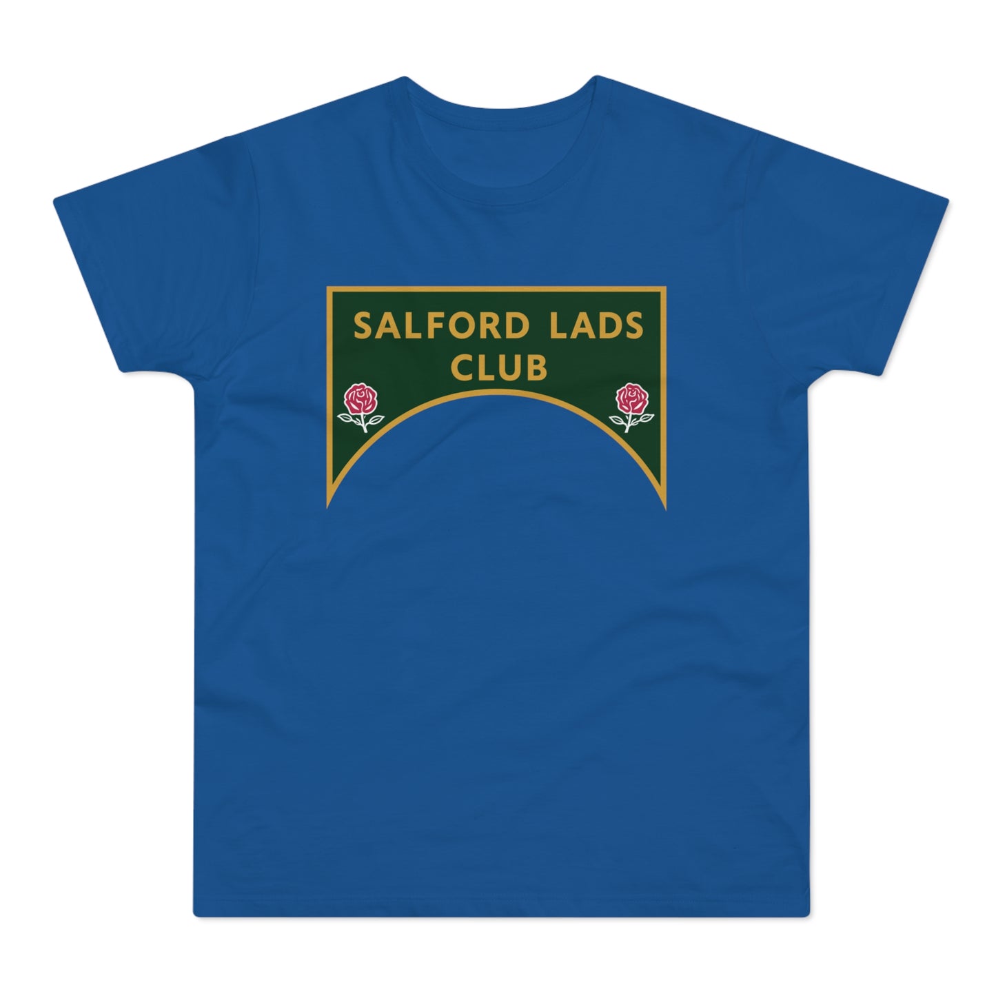 Royal blue t-shirt with a green crest featuring "SALFORD LADS CLUB" and two roses.