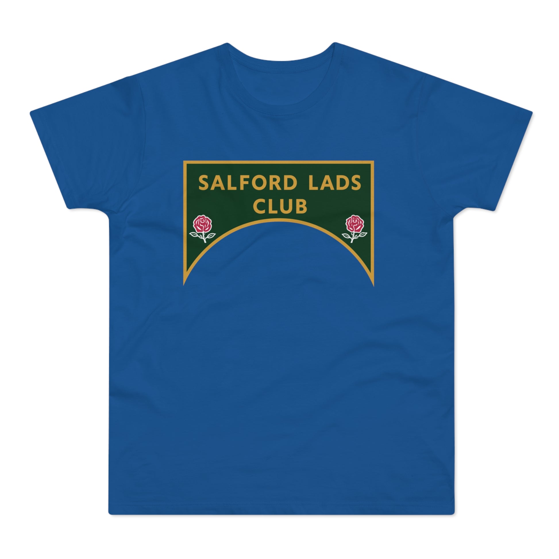 Royal blue t-shirt with a green crest featuring "SALFORD LADS CLUB" and two roses.