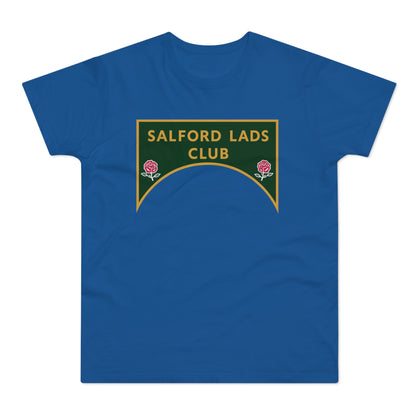 Royal blue t-shirt with a green crest featuring "SALFORD LADS CLUB" and two roses.
