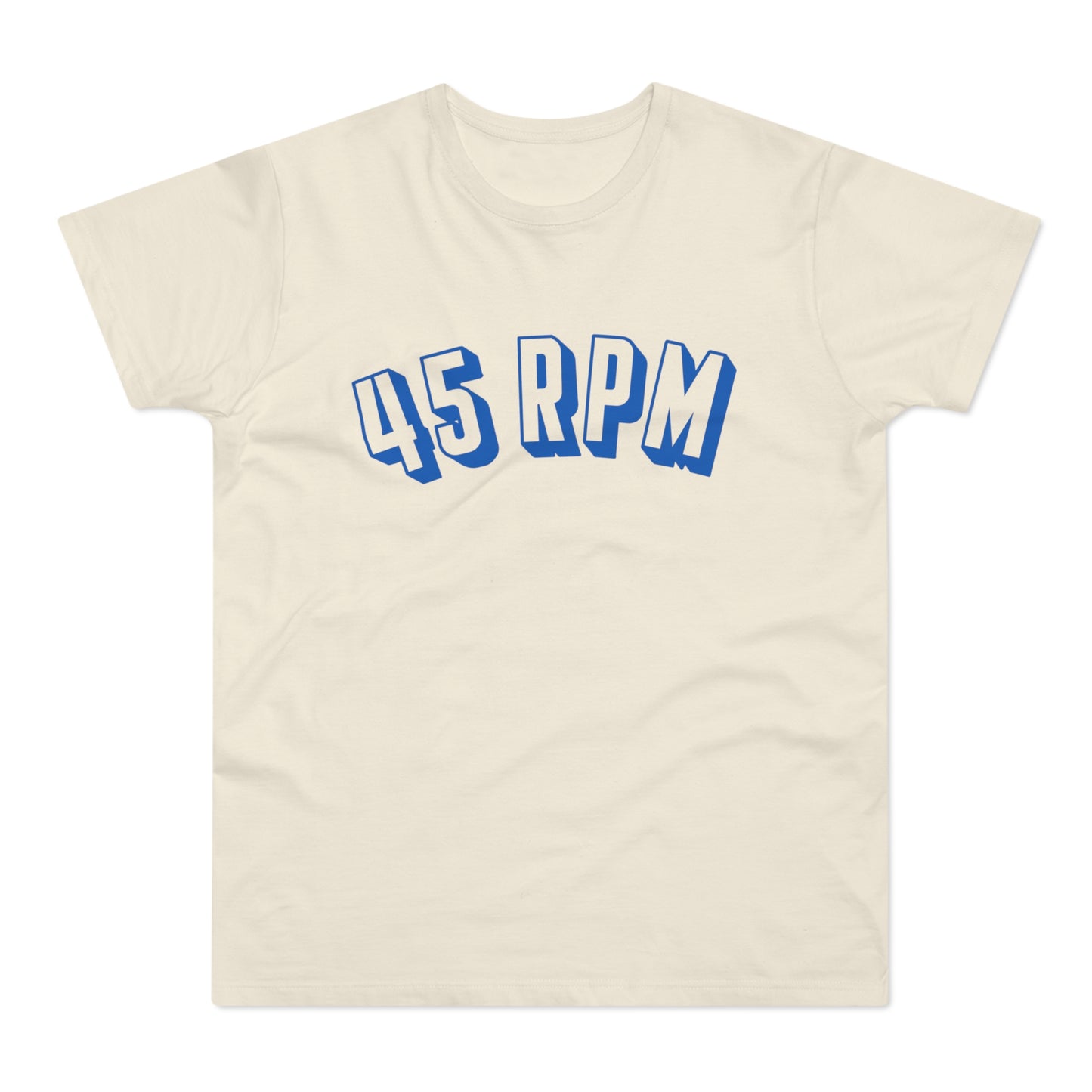 Cream t-shirt with bold blue "45 RPM" graphic text.