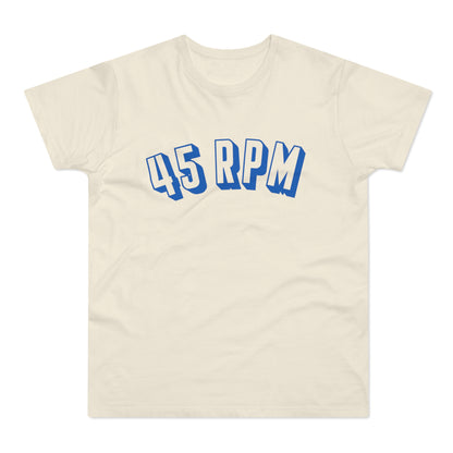 Cream t-shirt with bold blue "45 RPM" graphic text.