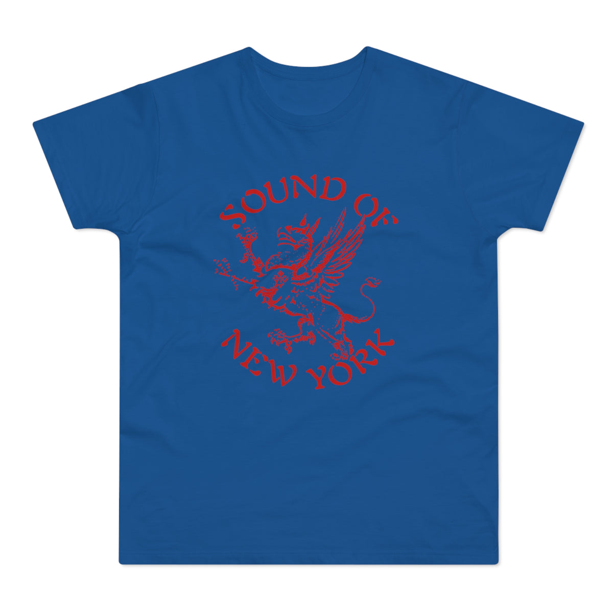 Blue t-shirt with red text "SOUND OF NEW YORK" and a griffin graphic.