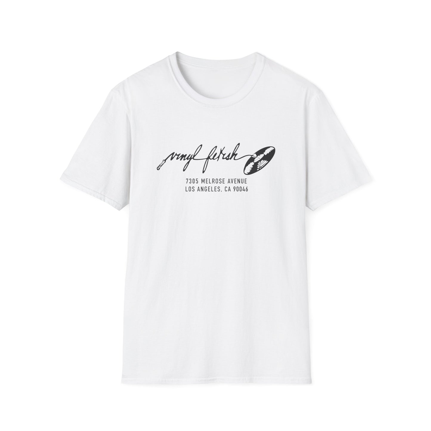 White t-shirt with "vinyl fetish" text and address 7305 Melrose Avenue, Los Angeles.