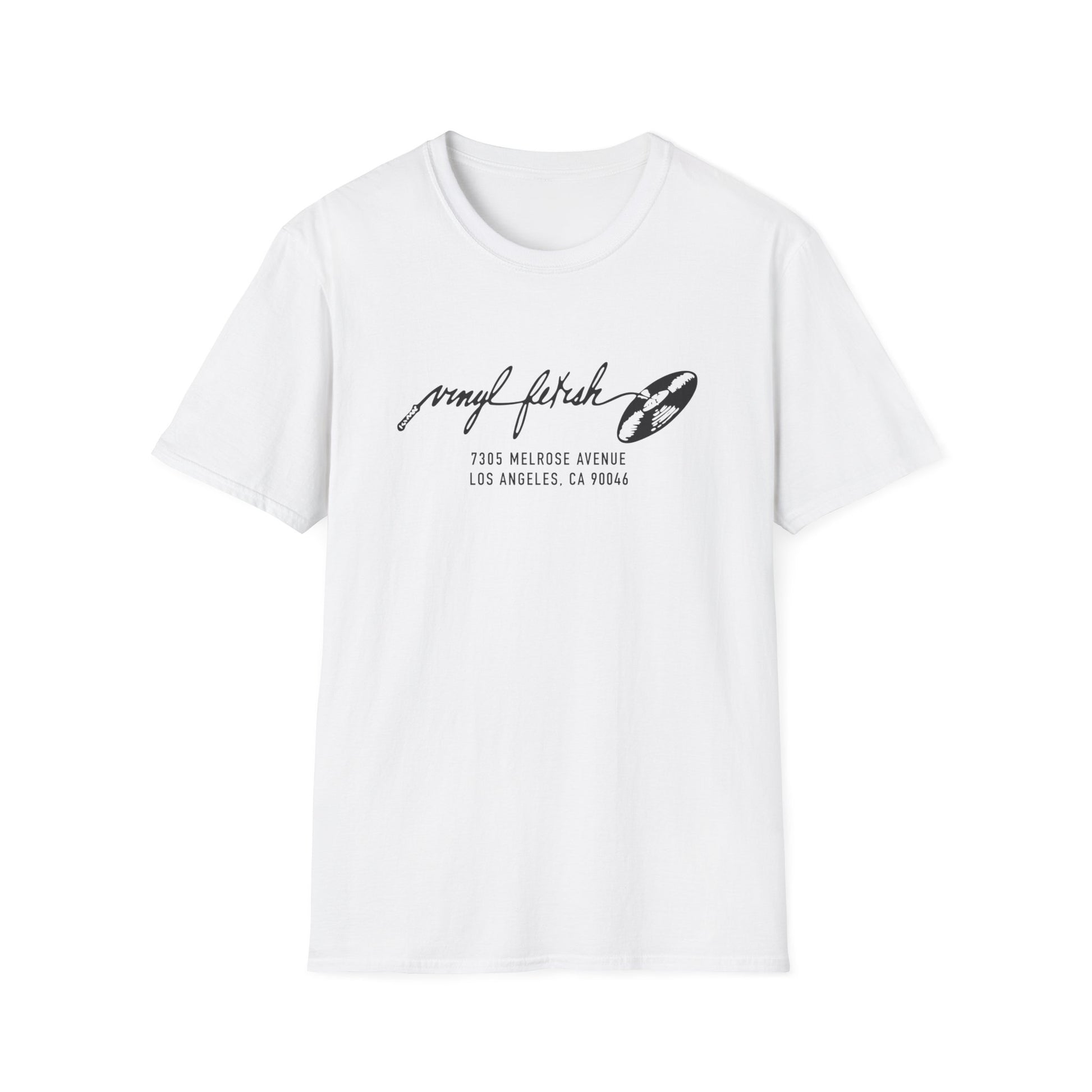 White t-shirt with "vinyl fetish" text and address 7305 Melrose Avenue, Los Angeles.