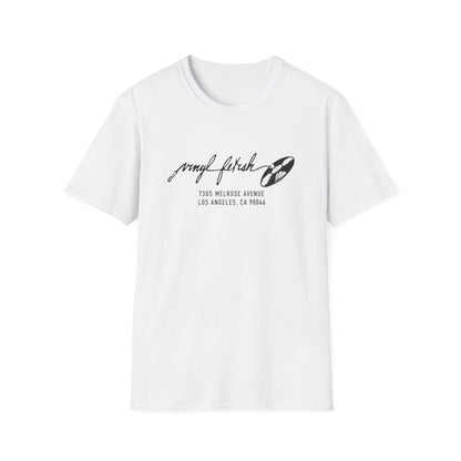 White t-shirt with "vinyl fetish" text and address 7305 Melrose Avenue, Los Angeles.