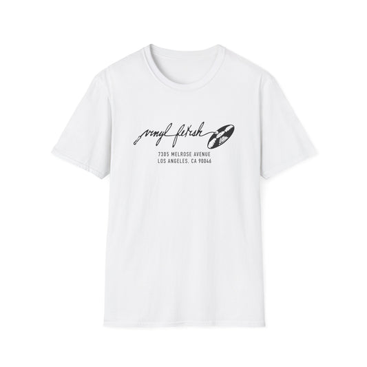 White t-shirt with "vinyl fetish" text and address 7305 Melrose Avenue, Los Angeles.