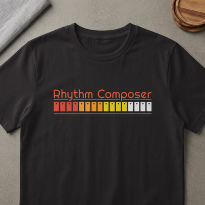 Black t-shirt with orange "Rhythm Composer" text and multi-colored drum pads.