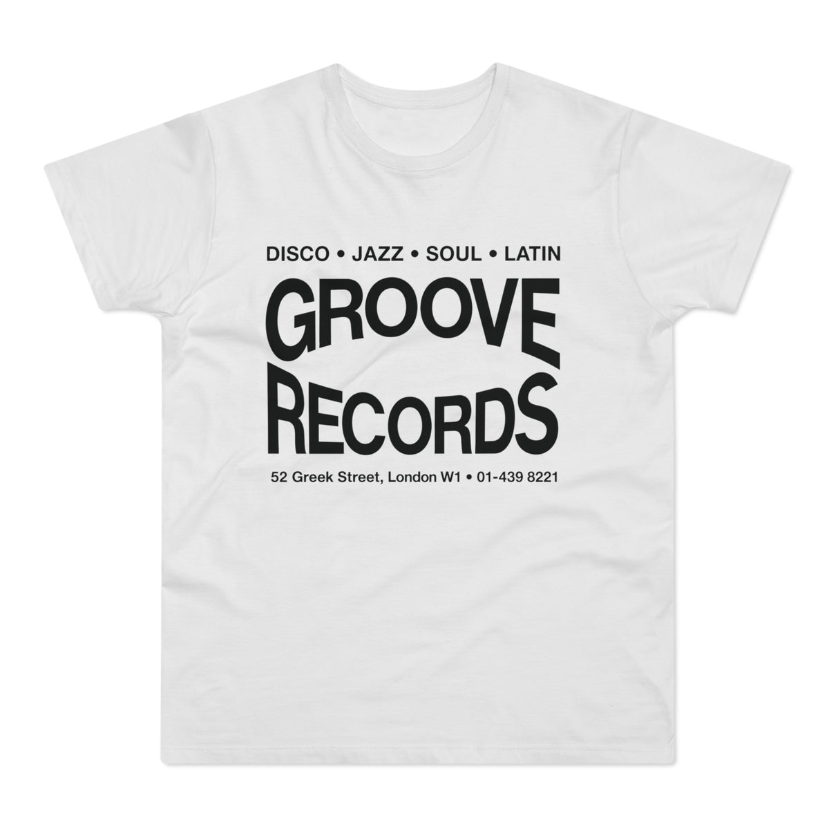 White t-shirt with "Groove Records" and music genres text.