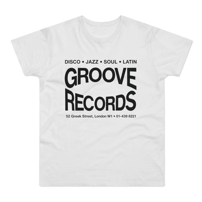 White t-shirt with "Groove Records" and music genres text.