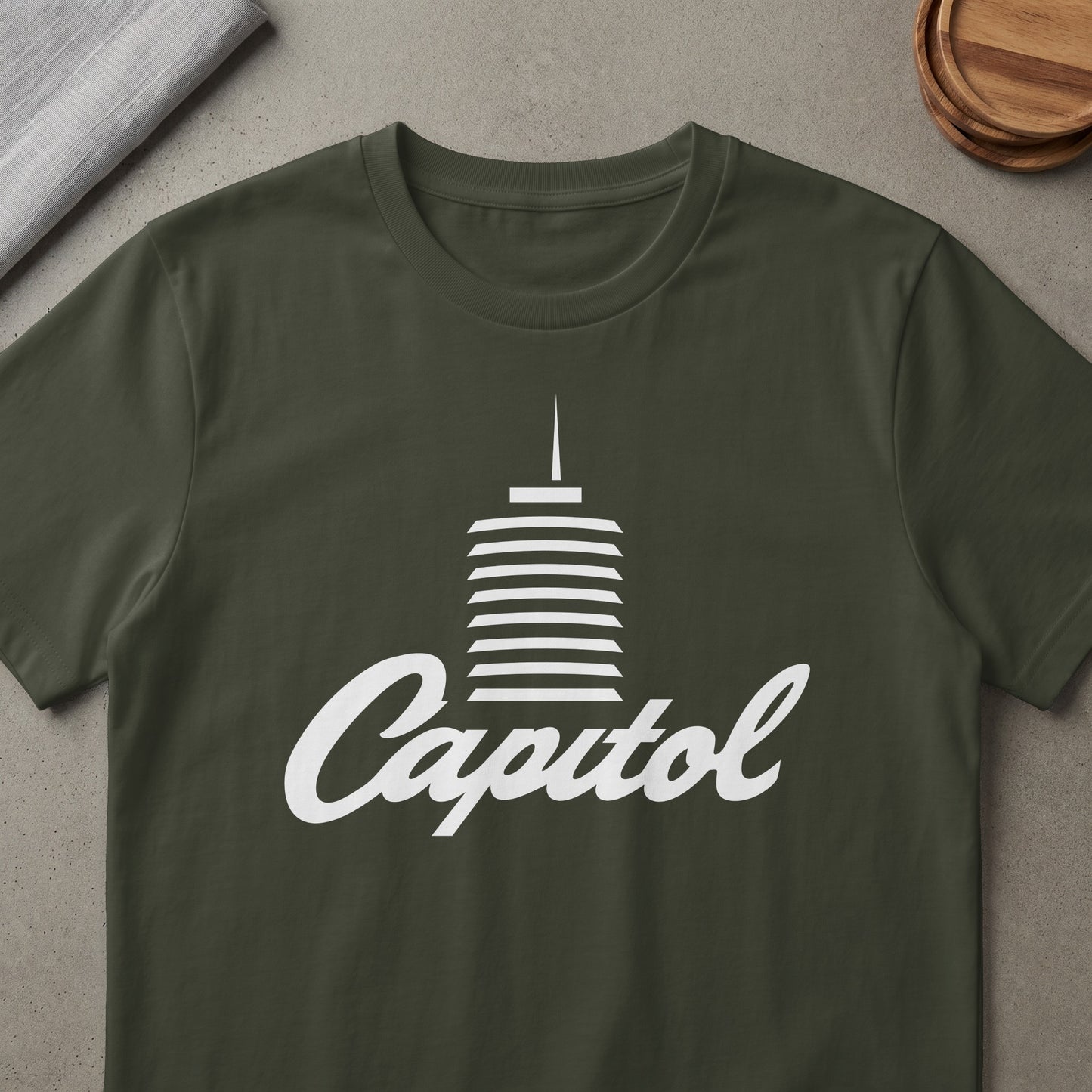 Olive t-shirt with white Capitol Records building logo and text.