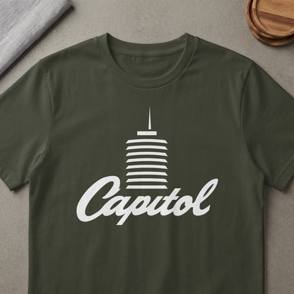 Olive t-shirt with white Capitol Records building logo and text.