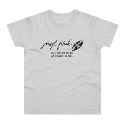 Light gray t-shirt with black text "vinyl fetish" and address 7305 Melrose Avenue Los Angeles, CA 90046.