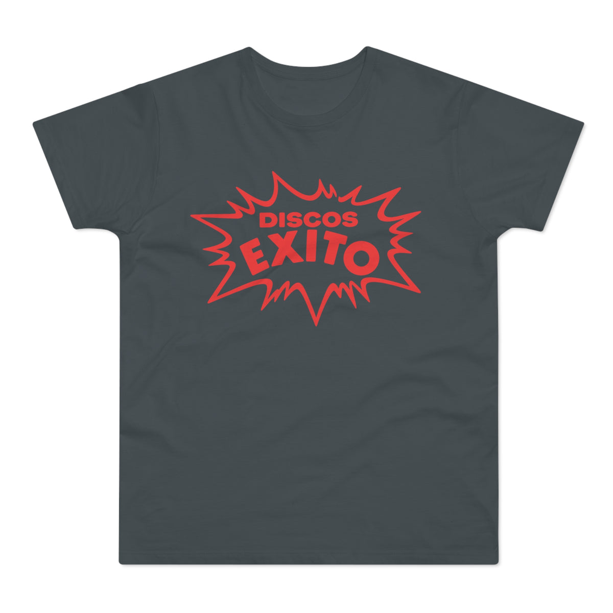 Dark grey t-shirt with red "DISCOS EXITO" text in a starburst shape.