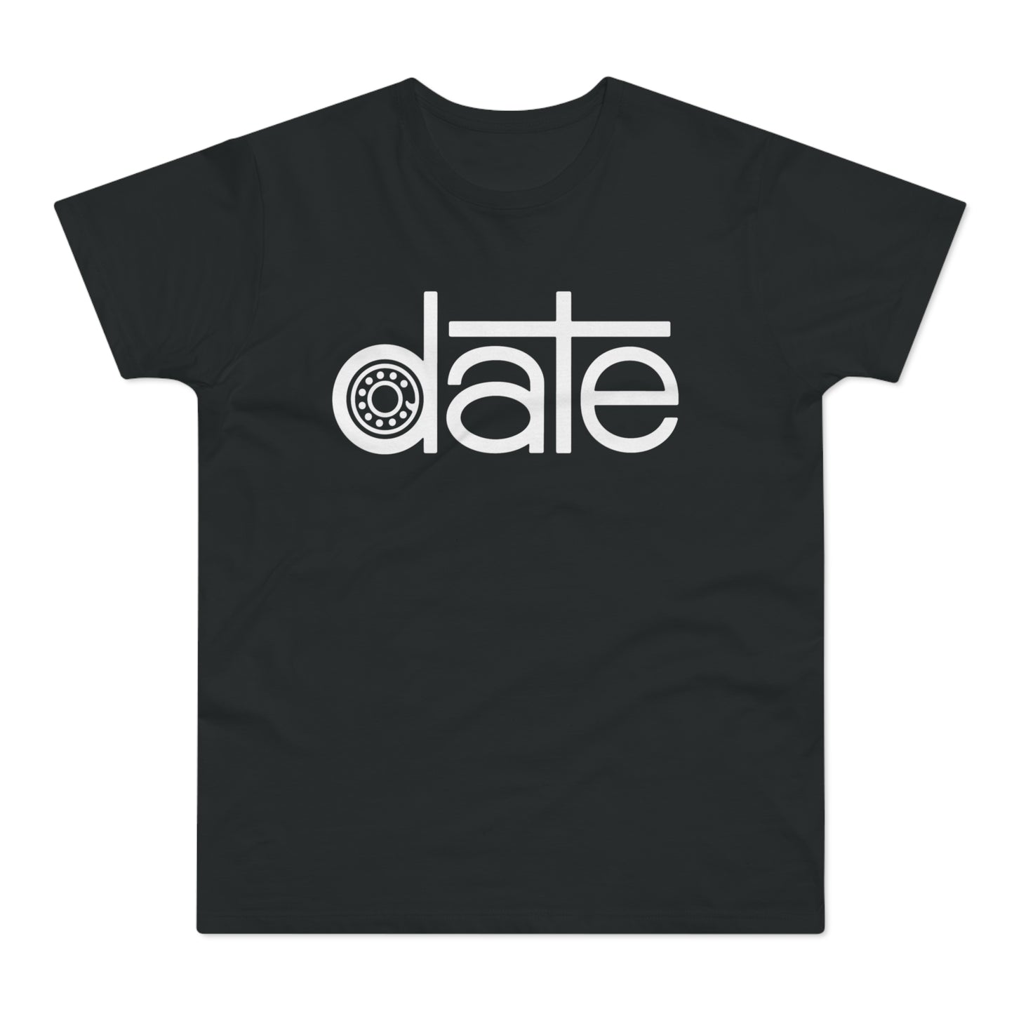Black t-shirt with white text "date" featuring a bearing within the letter "a".