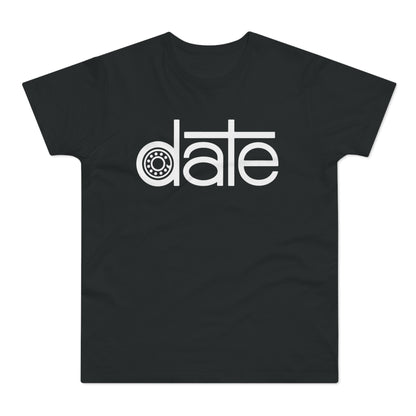 Black t-shirt with white text "date" featuring a bearing within the letter "a".