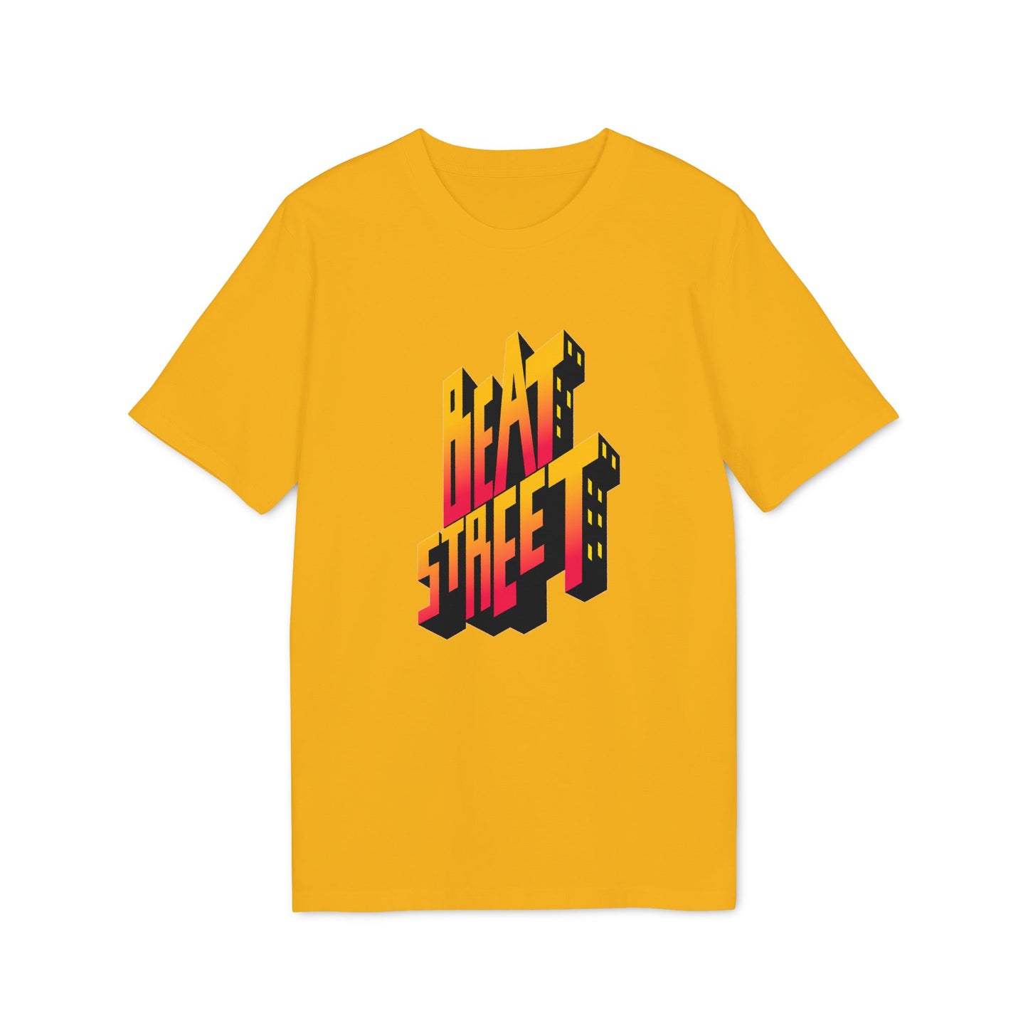 Yellow t-shirt with 3D text "BEAT STREET" in pink and orange gradient.