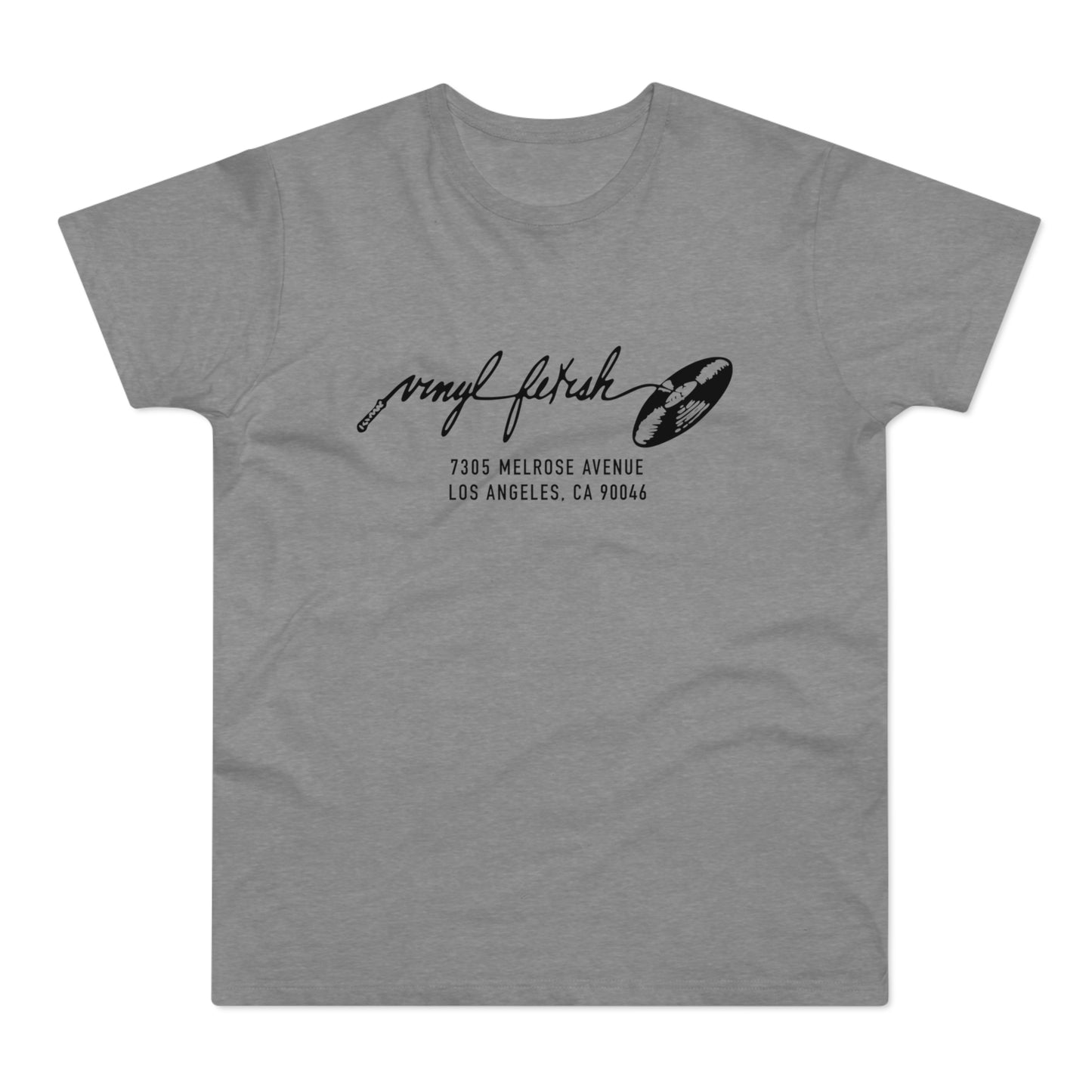 Grey t-shirt with black "vinyl fetish" text and record, and address.