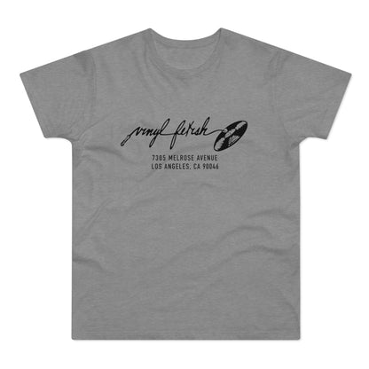 Grey t-shirt with black "vinyl fetish" text and record, and address.
