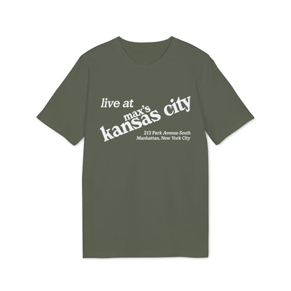 Olive green t-shirt with white text reading "live at max's kansas city 213 Park Avenue South Manhattan, New York City".