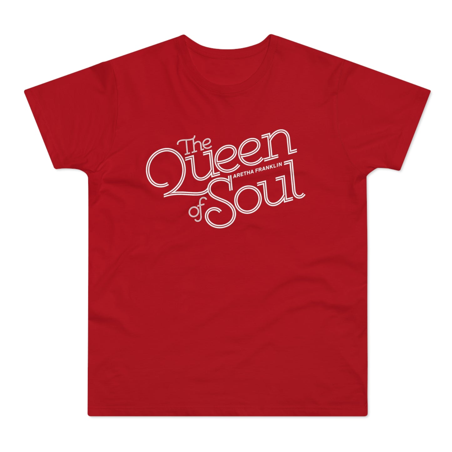 Red t-shirt with white text "The Queen of Soul Aretha Franklin"