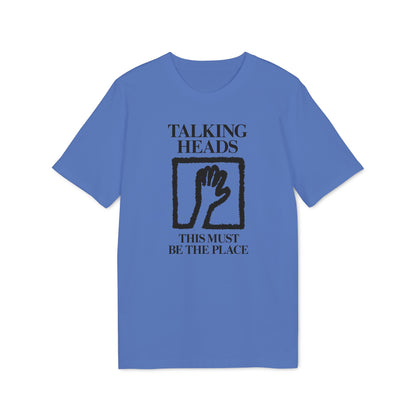Blue t-shirt with "TALKING HEADS THIS MUST BE THE PLACE" and hand graphic.