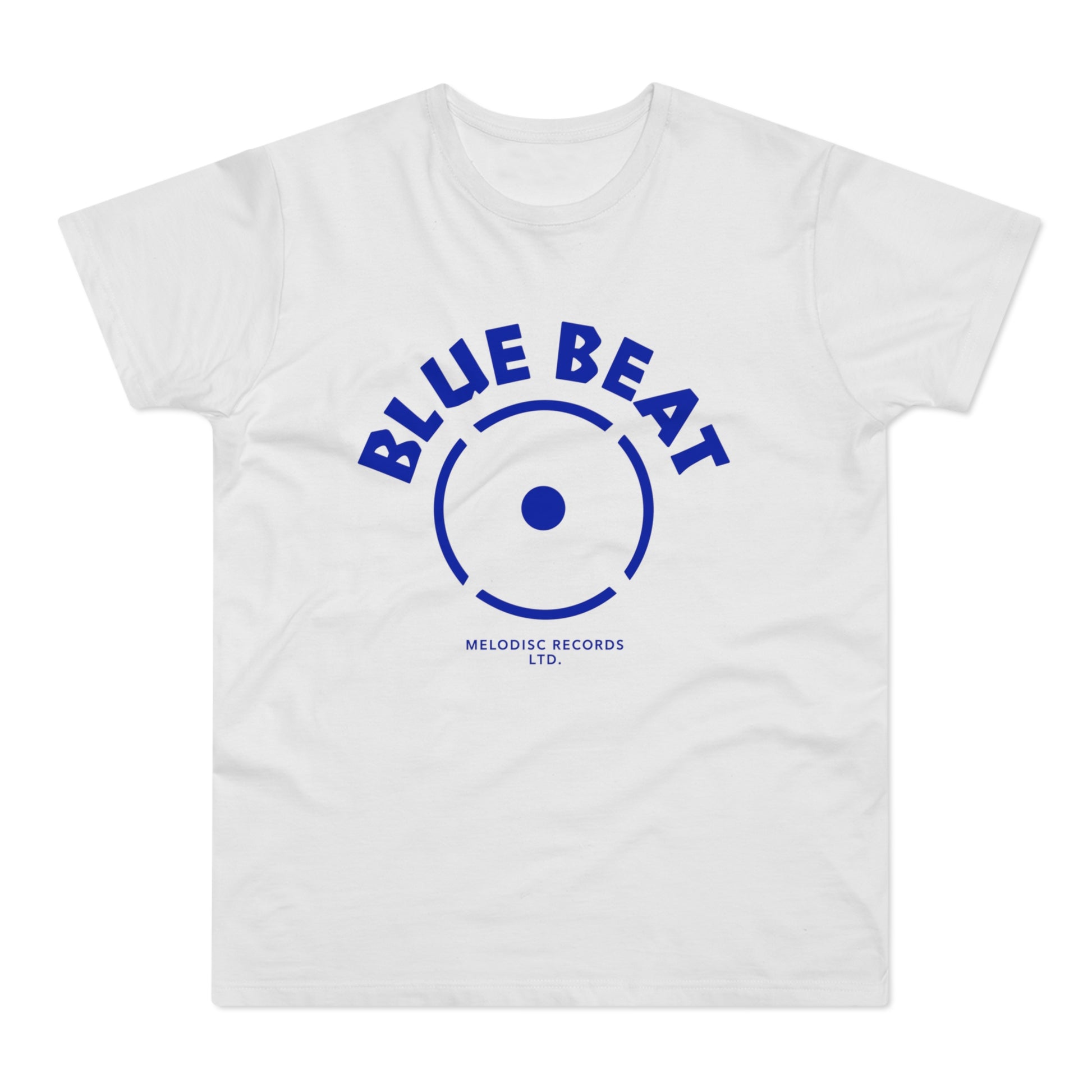 White t-shirt with blue "BLUE BEAT" text and record label graphic.