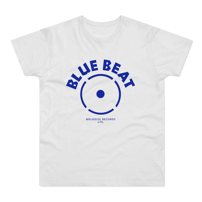 White t-shirt with blue "BLUE BEAT" text and record label graphic.