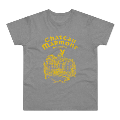 Grey t-shirt with yellow Chateau Marmont Hollywood logo and building illustration.