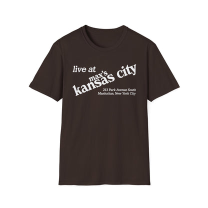 Brown t-shirt with white text "live at max's kansas city 213 Park Avenue South Manhattan, New York City".