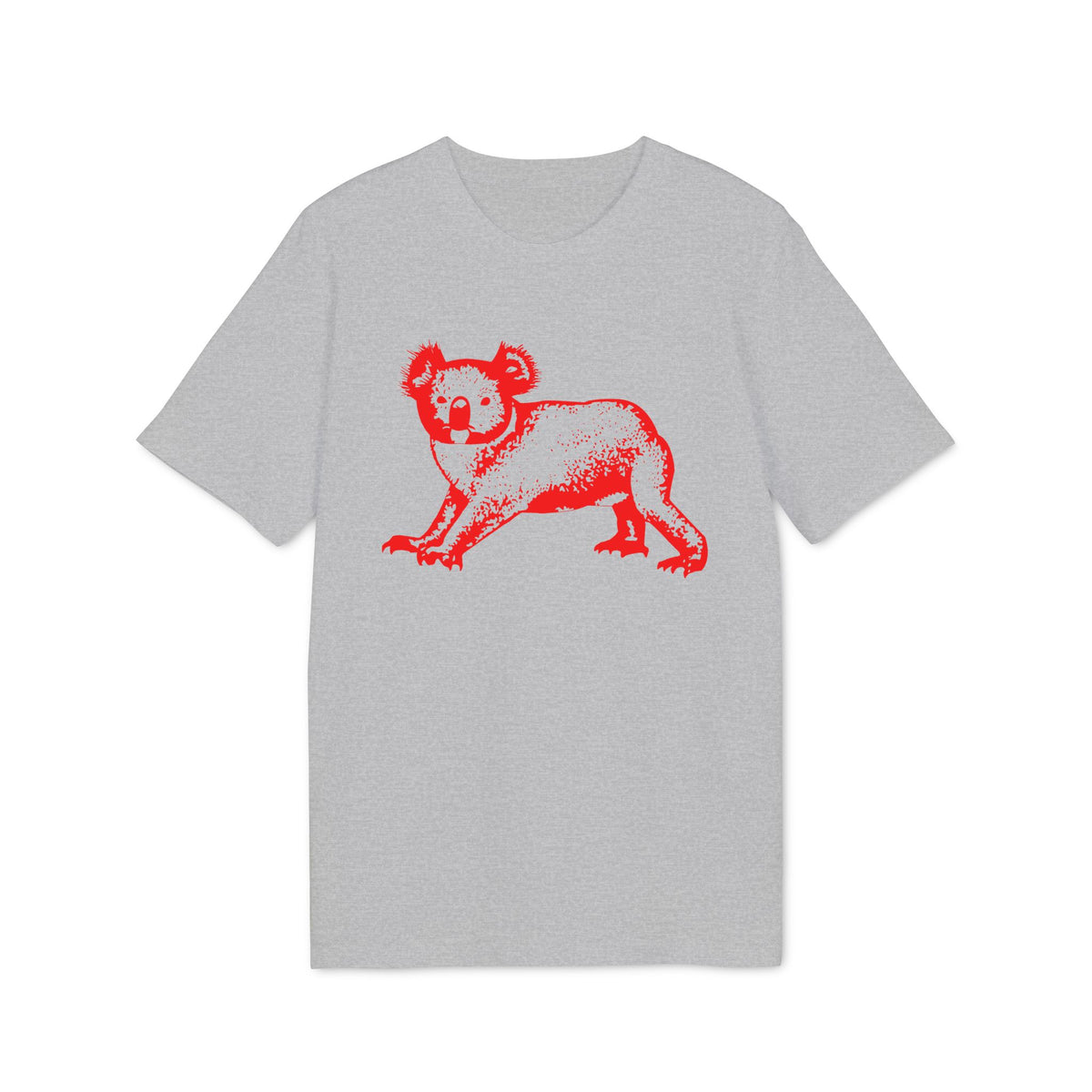 Grey t-shirt with a red graphic of a koala walking.