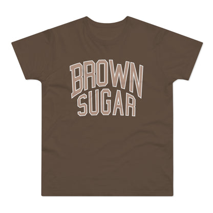Brown t-shirt with "BROWN SUGAR" text in arched, outlined letters.
