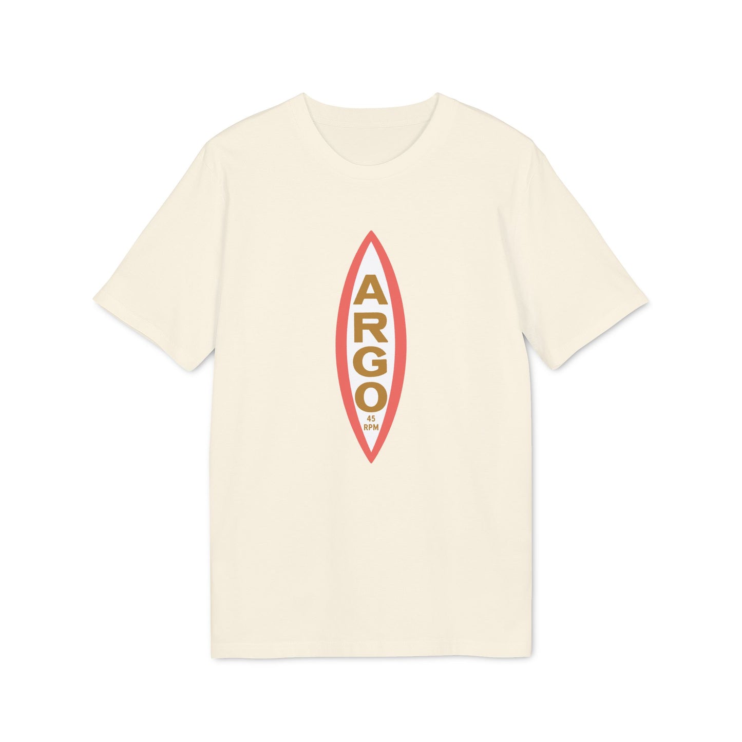 Cream t-shirt with a vertical red and gold "ARGO 45 RPM" graphic.