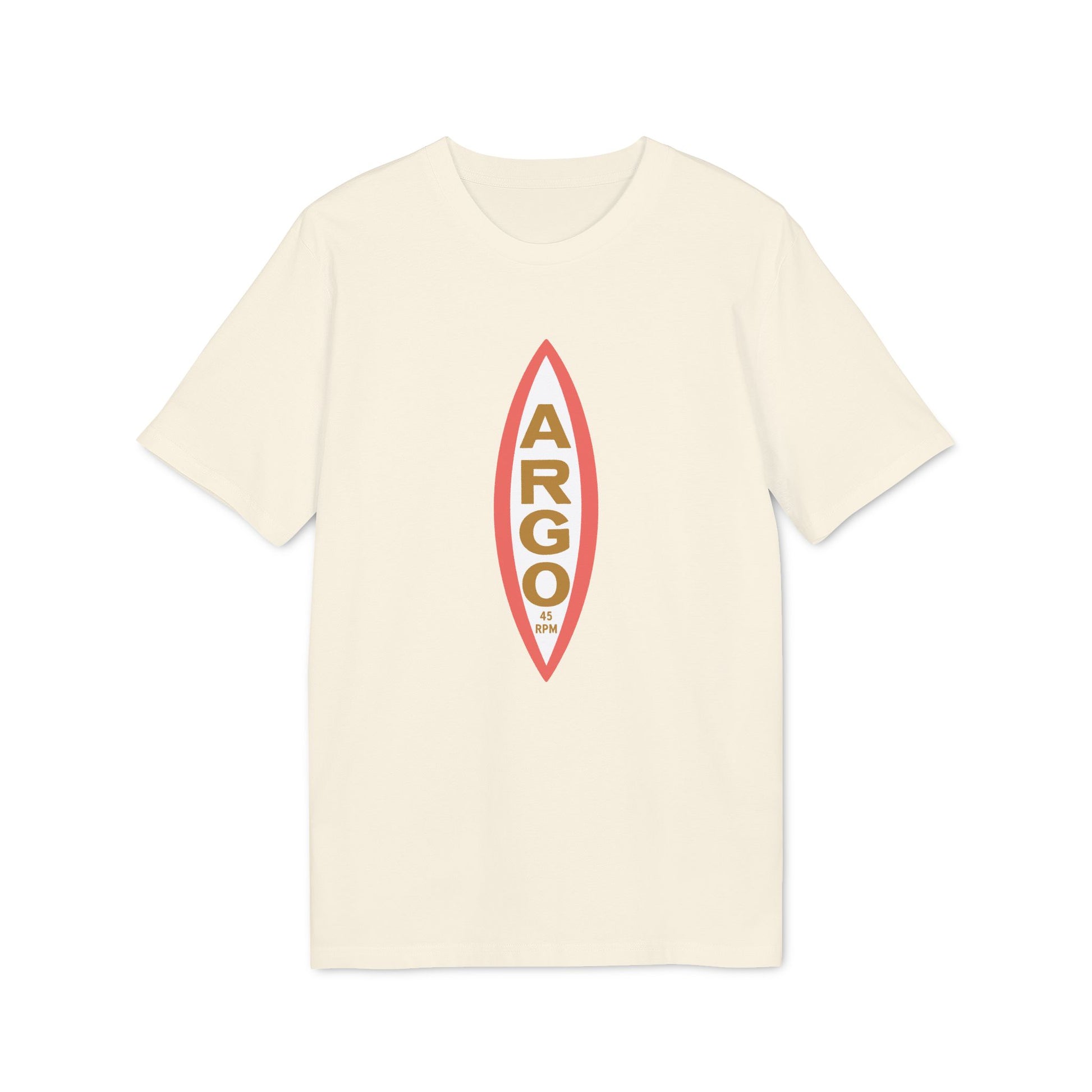 Cream t-shirt with a vertical red and gold "ARGO 45 RPM" graphic.