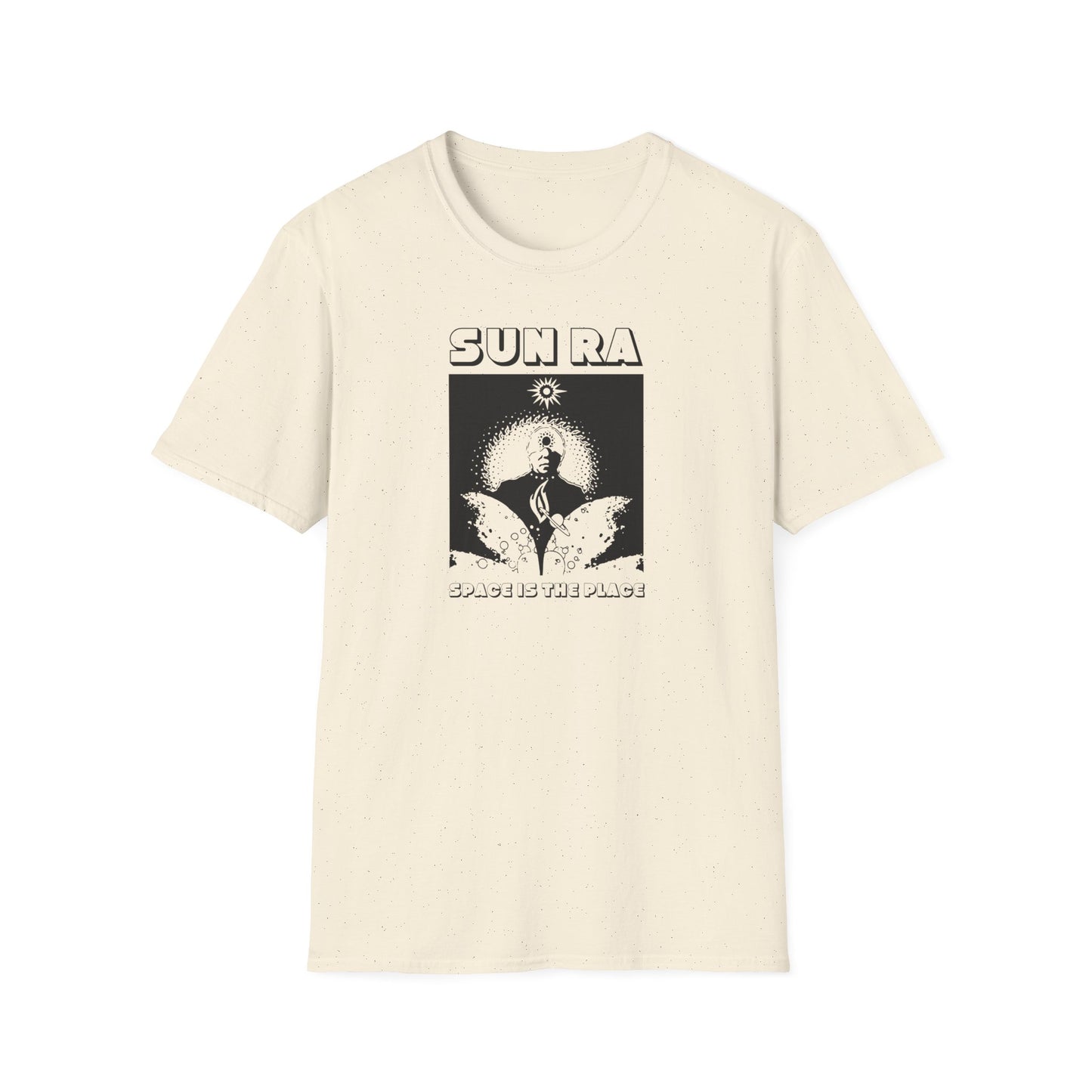 Cream t-shirt with "Sun Ra" and "Space is the Place" graphics.
