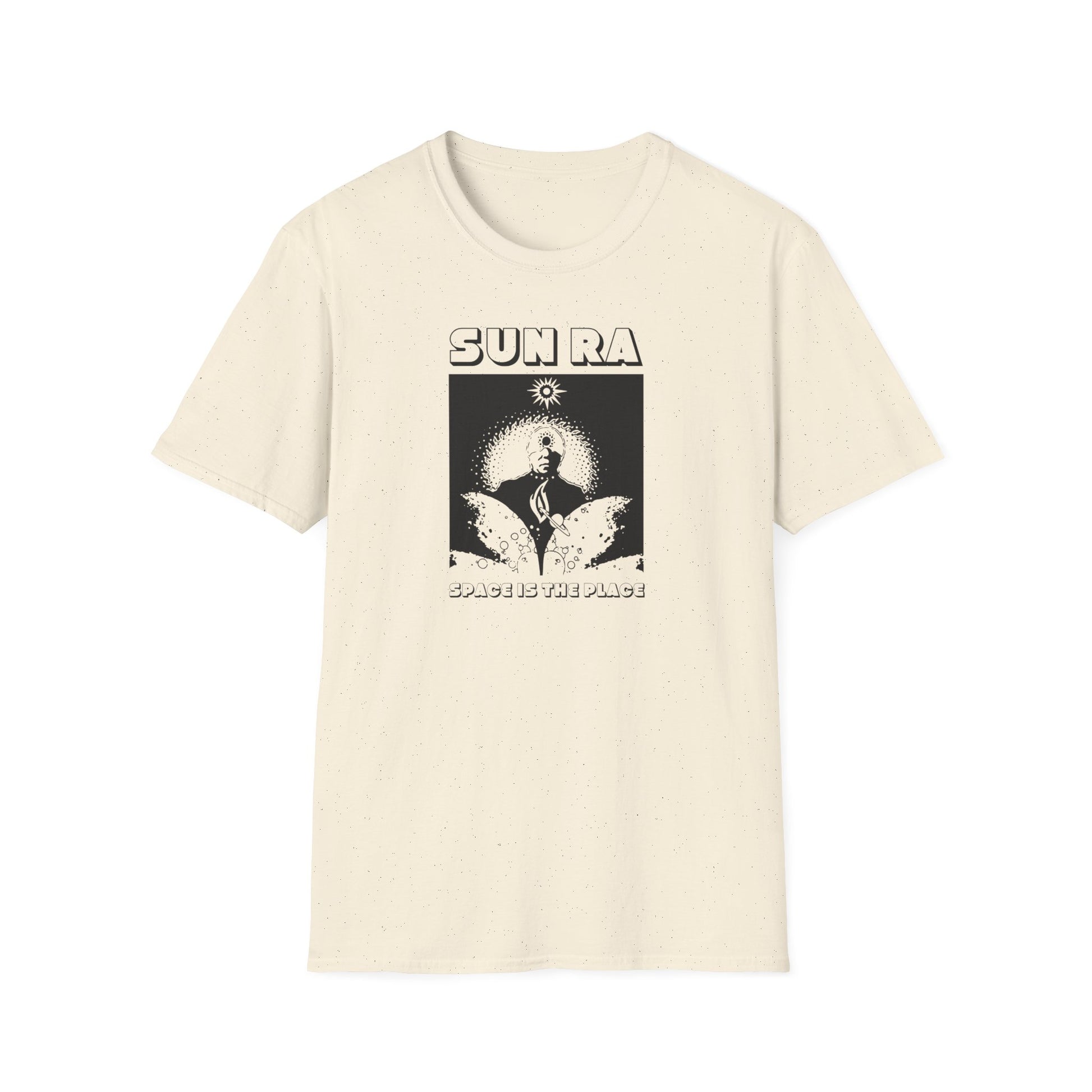 Cream t-shirt with "Sun Ra" and "Space is the Place" graphics.