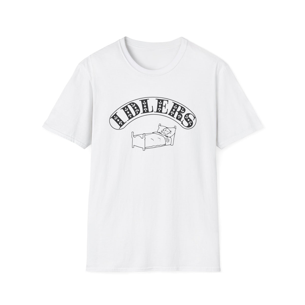 White t-shirt with "FIDDLERS" text and a drawing of a person in bed.