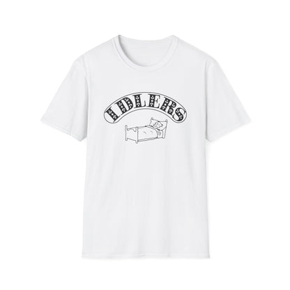 White t-shirt with "FIDDLERS" text and a drawing of a person in bed.