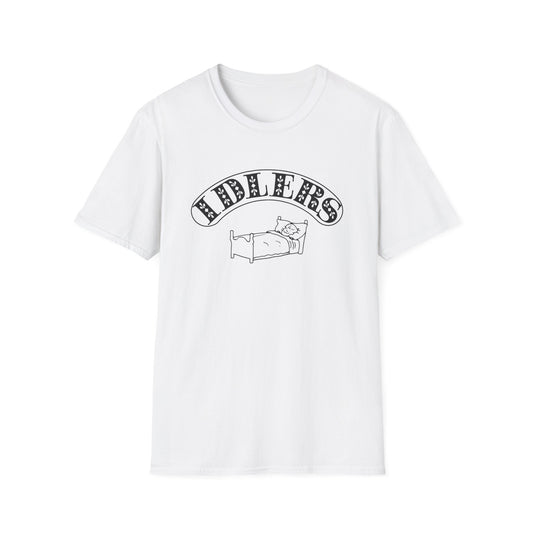 White t-shirt with "FIDDLERS" text and a drawing of a person in bed.