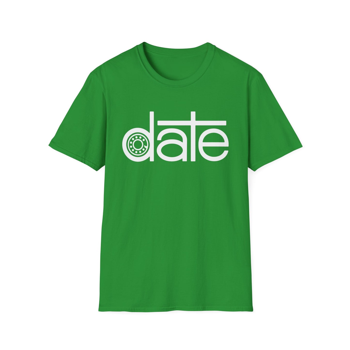 Green t-shirt with white text that says "date" and a circular gear design.
